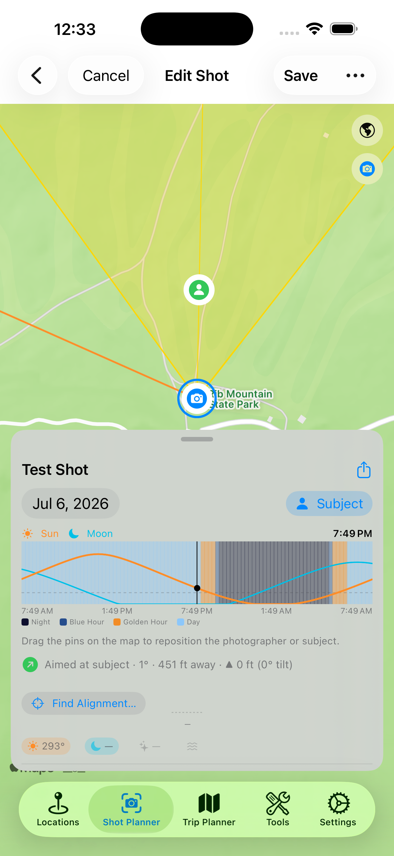 Shot Planner showing photographer and subject alignment with sun and moon timing