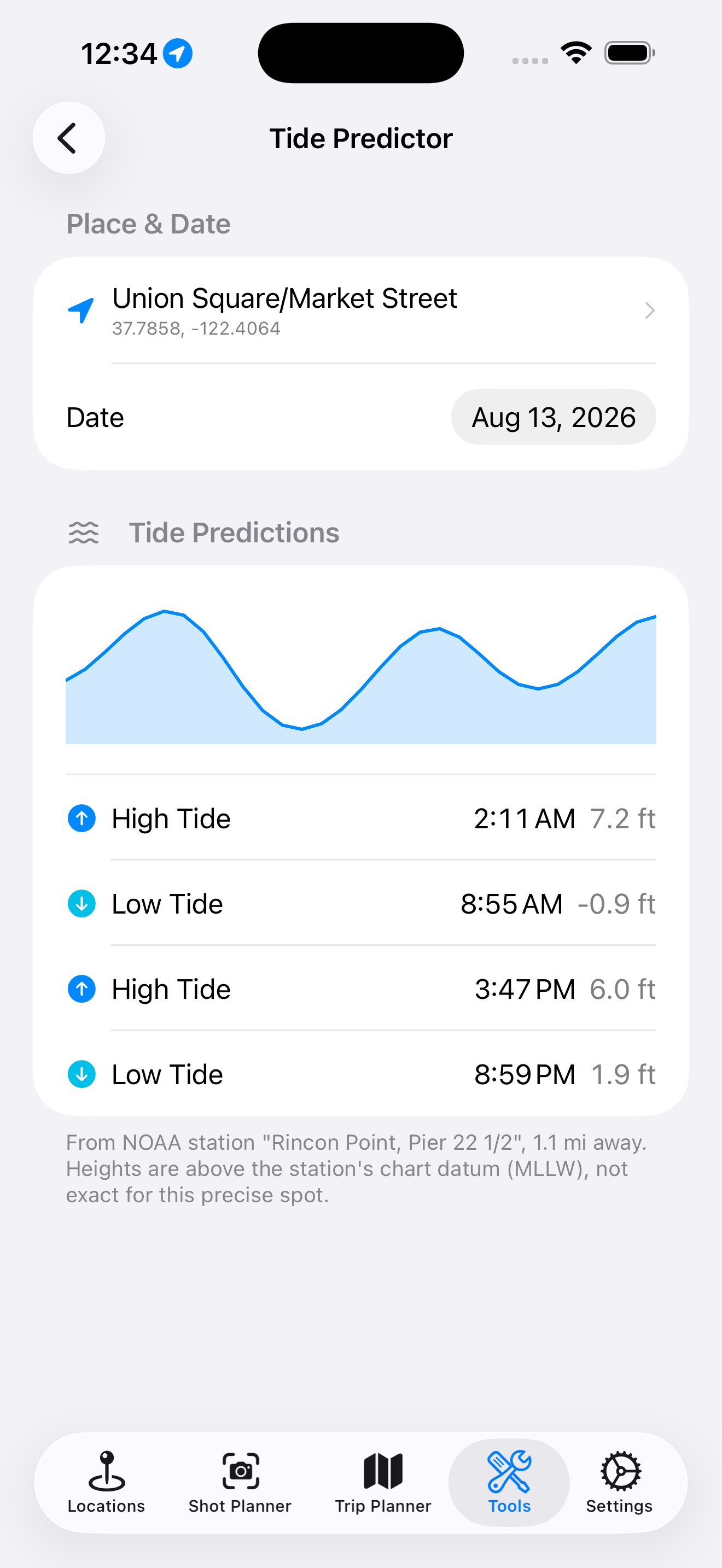 Tide Predictor showing a real NOAA tide chart with high and low tide times