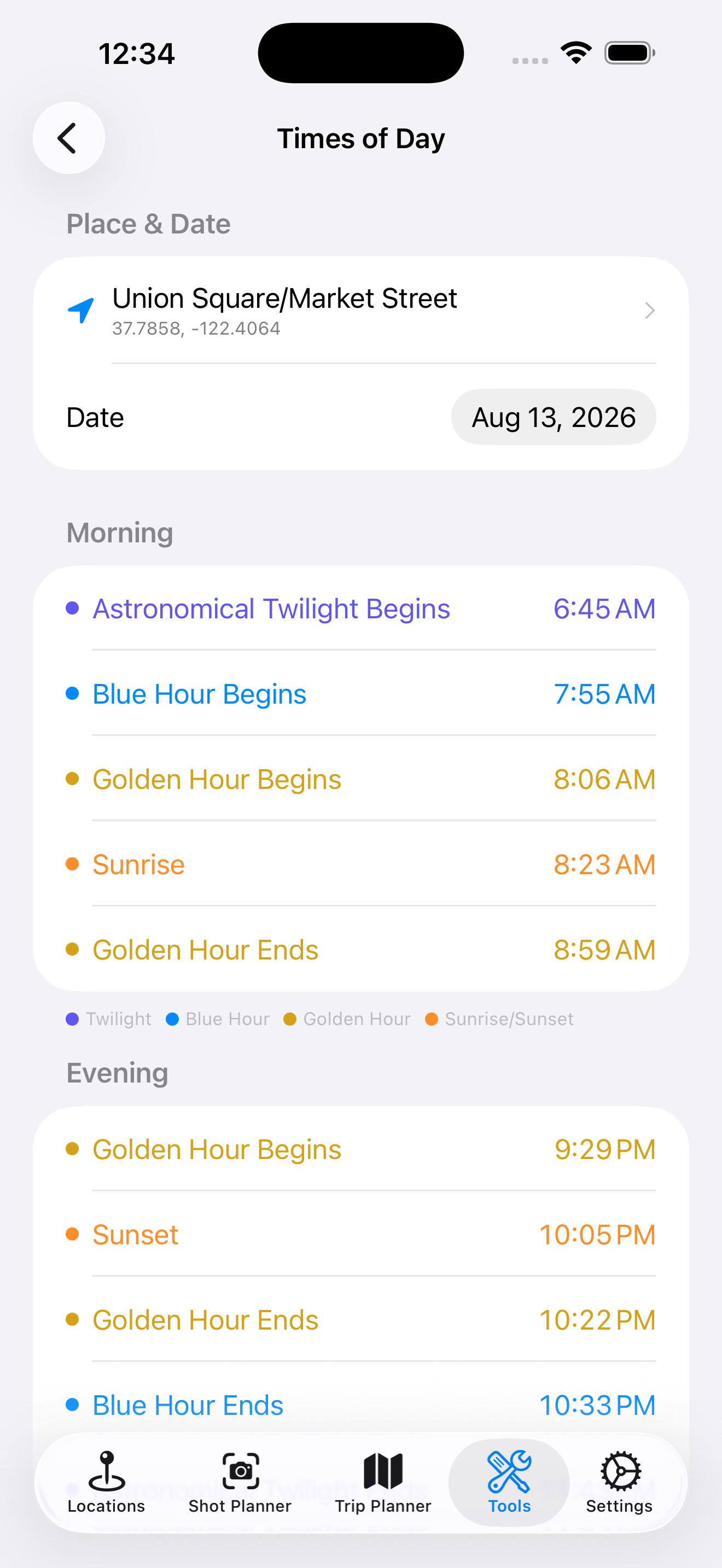 Times of Day screen showing golden hour, blue hour, and sunrise/sunset times