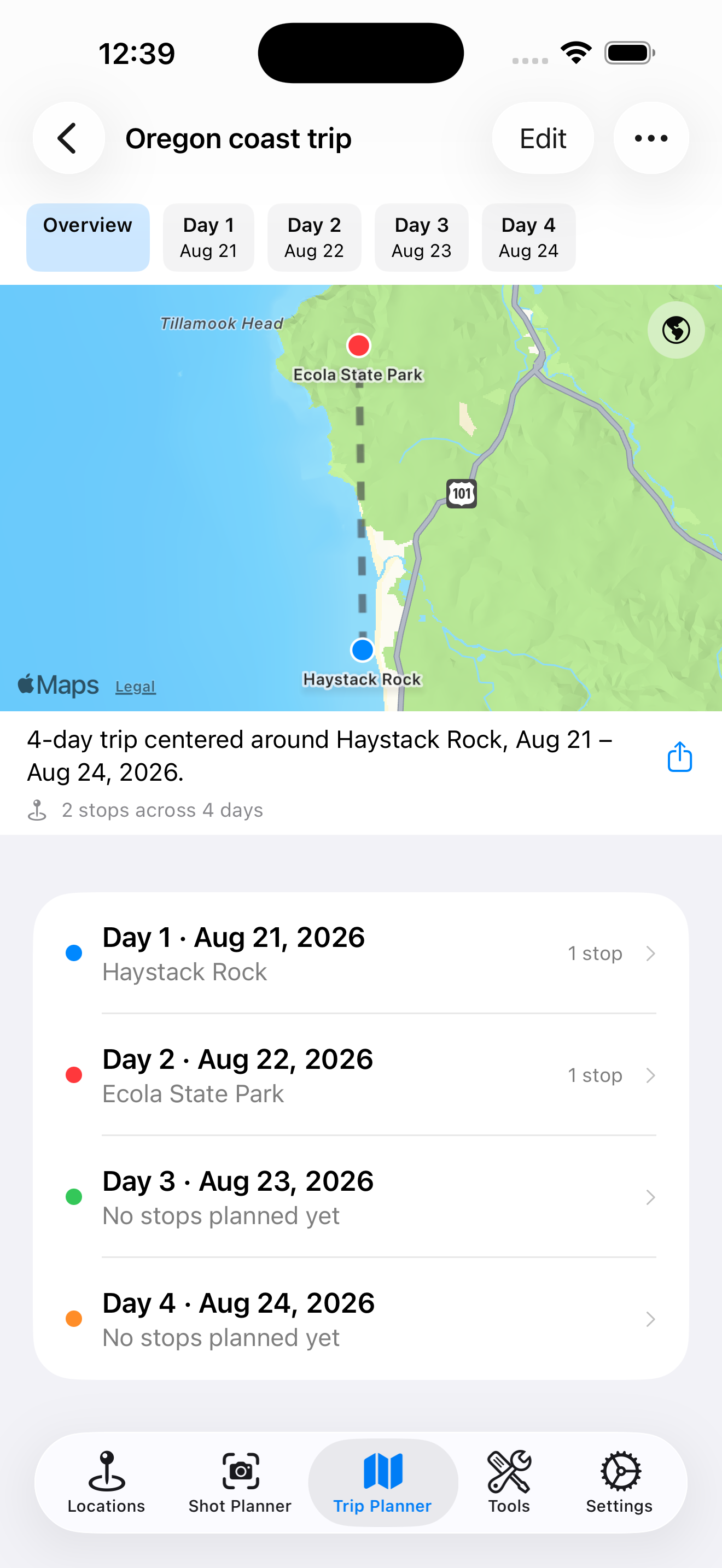 Trip Planner overview map showing a multi-day Oregon coast trip